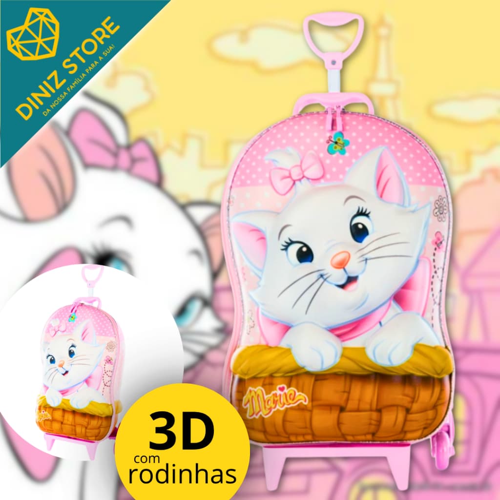 Mala Infantil Gatinha Marie 3D com Rodinhas Rosa