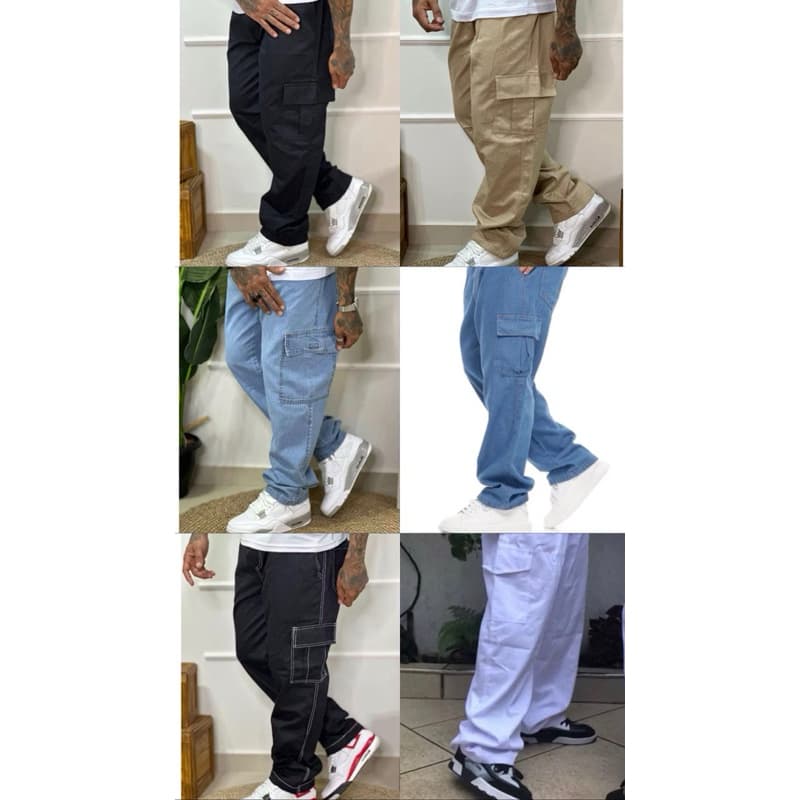 Calça Cargo Skate Sarja e Jeans Larga Com Elásticos Cordão e Bolsos Varias Cores e Modelos e Tamanhos Unissex