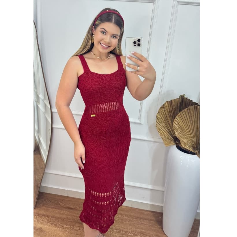 Vestido Midi Tricot Ágata Elegante Moda Feminina Tendência Crochê Rendado Verão Charmilly