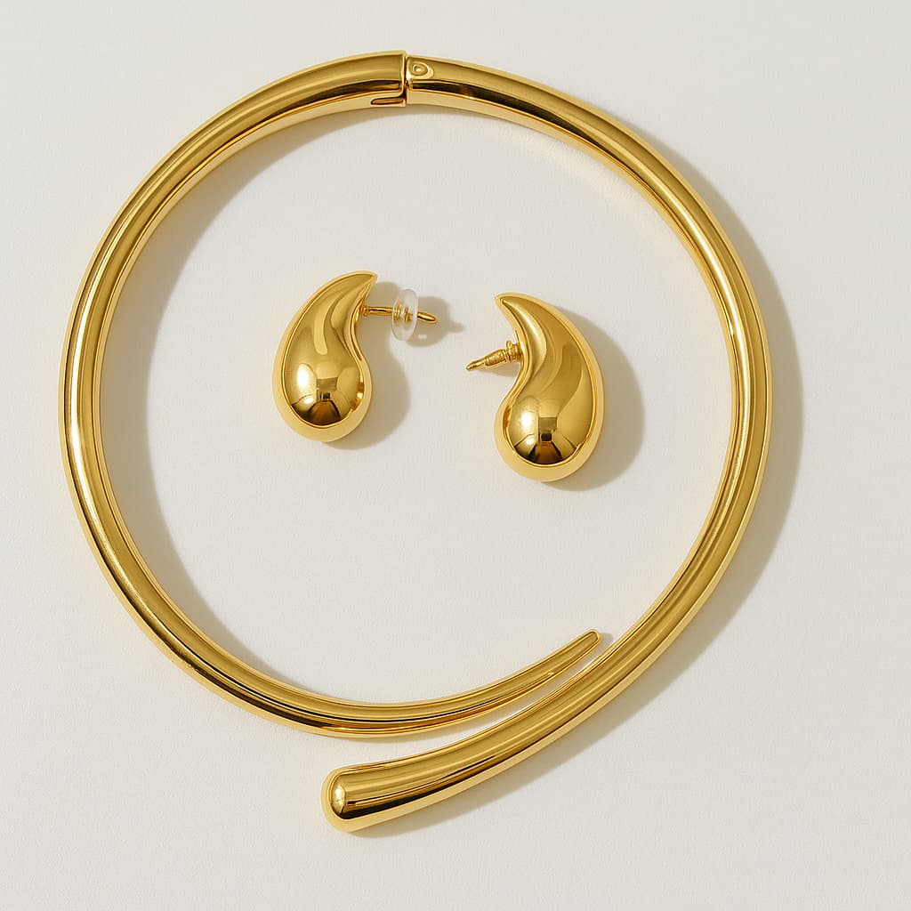 Conjunto Gargantilha e Brinco - Banhado em Ouro 18k Dourado Prata 925