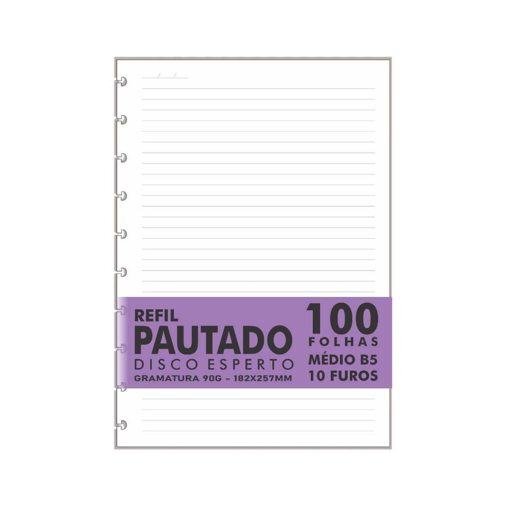 Refil Genérico Pautado Compatível Cadernos de Discos e Inteligente 100 Folhas Médio B5 10 Furos 90g