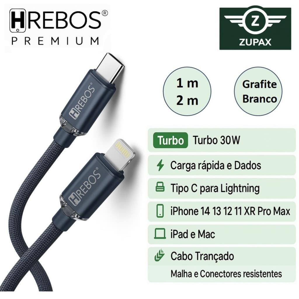 Cabo Tipo C para Lightning 30w Trançado | Compatível com iPhone 14|13|12|11|X | Pro Max iPad | Mac