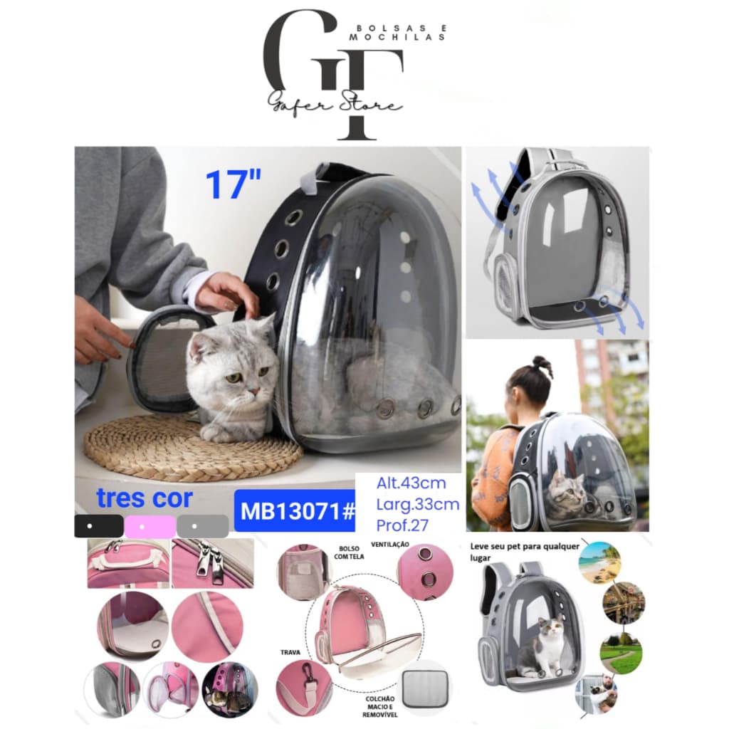 Mochila De Transporte Pet Visão 360 Panoramica Gato Cão Dog  3 Cores MB13071