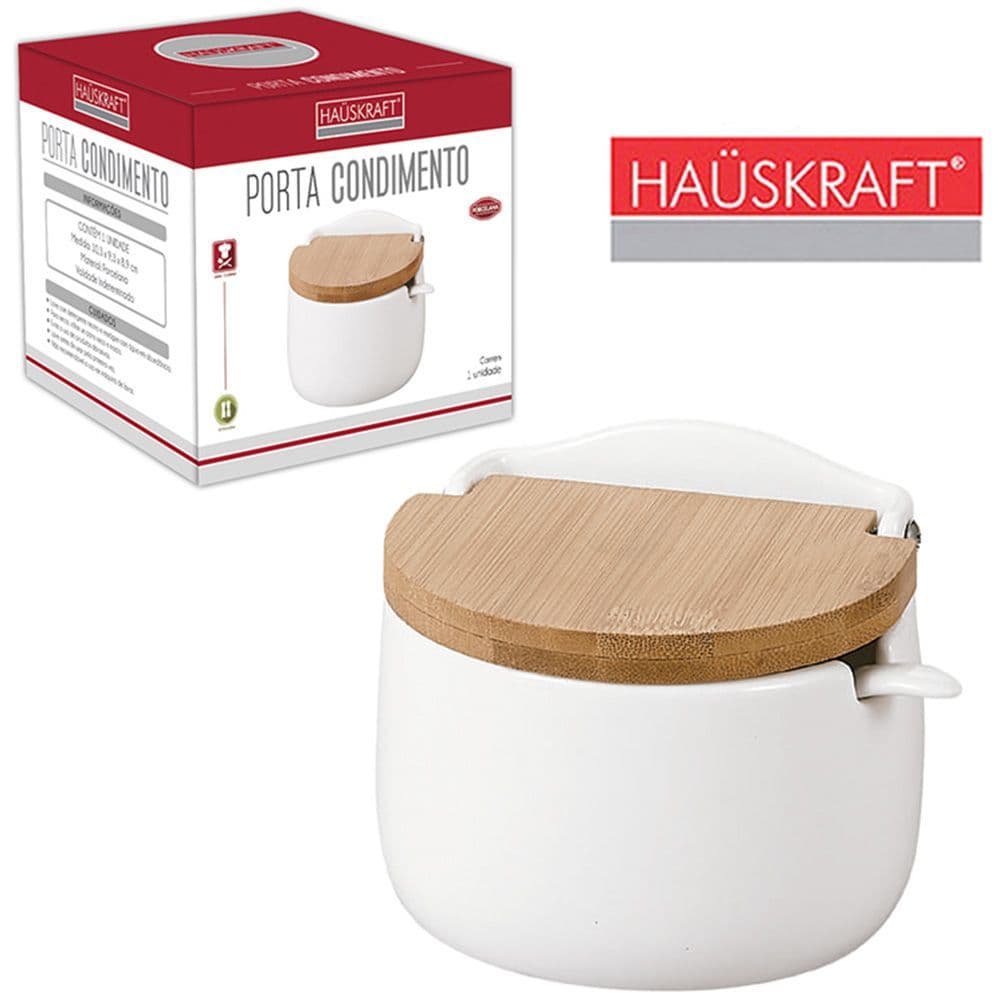 Saleiro De Porcelana Redondo Tampa De Bambu e Colher 290ml
