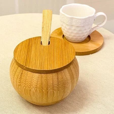 Pote de Bambu com Tampa e Colher Multiuso Mesa Posta - Açucareiro Porta Tempero Saleiro Condimentos