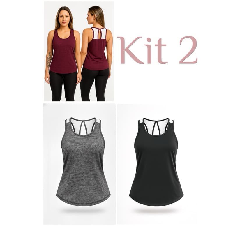 kit 2 Regatas feminina blusinha Dry Fit revenda academia corrida caminhada detalhe costas fitness
