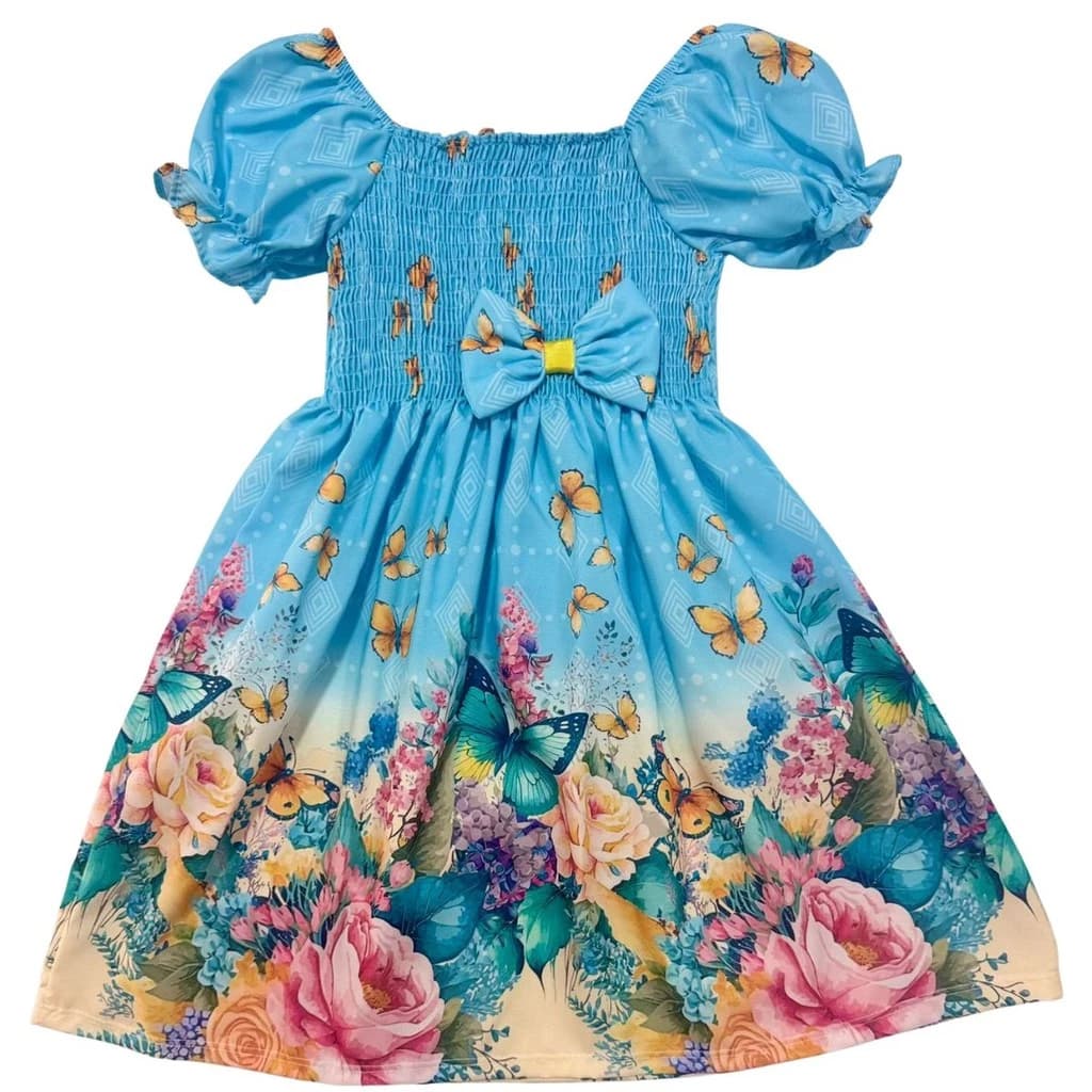 Vestido Infantil Menina Azul jardim Ecantado com borboletas Amarelas para Passeio ensaios escola