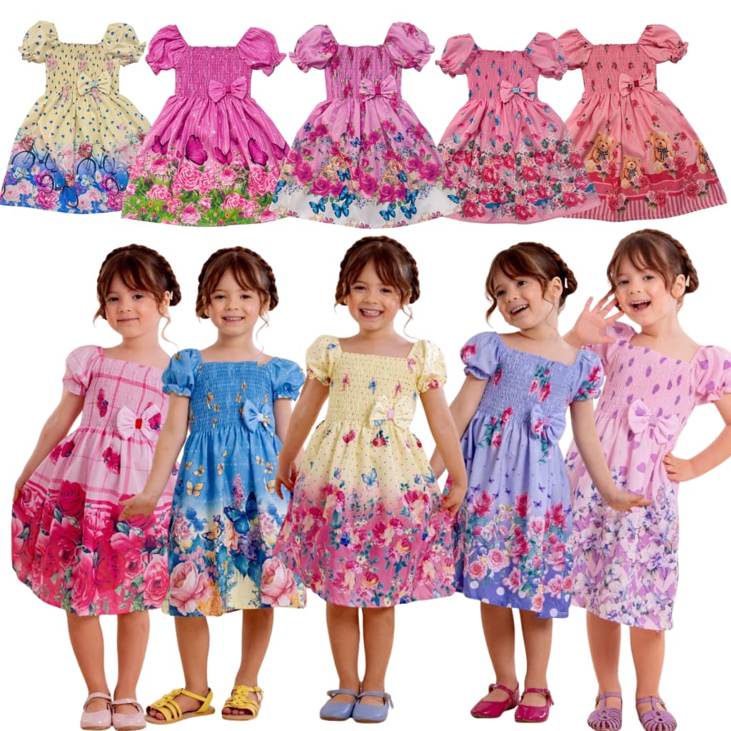 Vestido de festa menina infantil Amarelo e Rosa com Borboletas e flores estampado casual