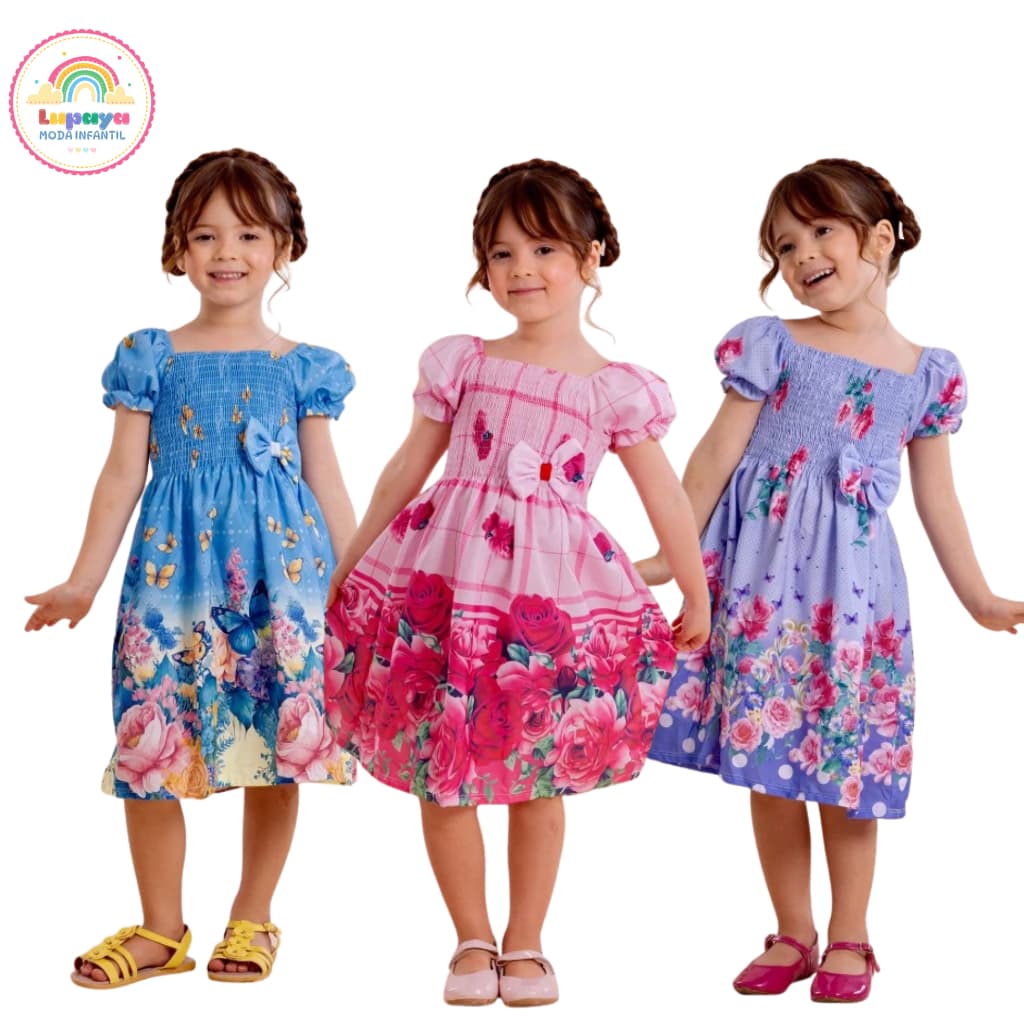 Vestido infantil menina de festa estampado com rosas vermelhas floral colorido luxo florido casual