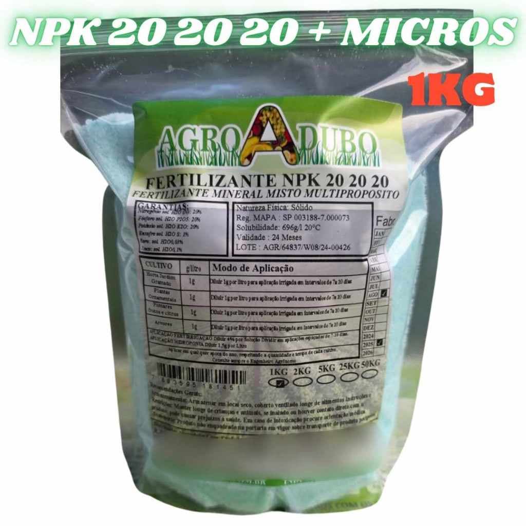 Fertilizante MULTIPROPÓSITO NPK 20 20 20 + MICROS - 1kg Para Fertirrigação, Foliar