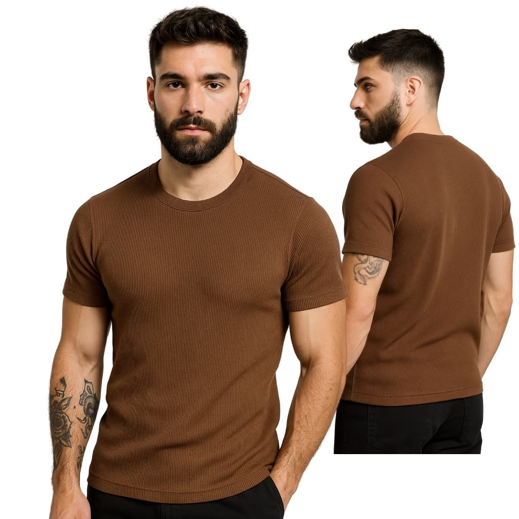 Camiseta Canelada Justa ao Corpo Slim Marrom Moda Fitness Básica Modelagem Premium