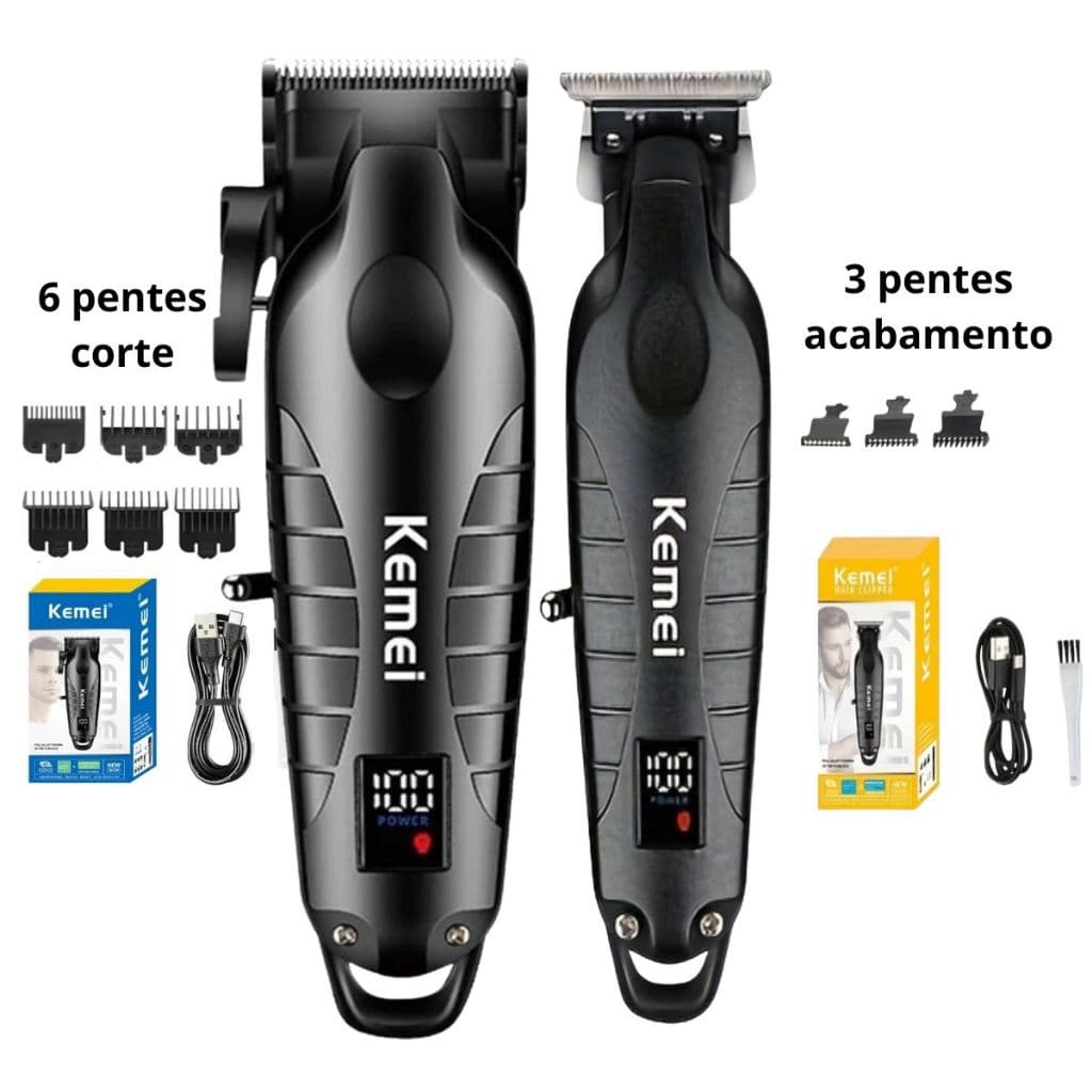 Kit Maquina Cortar Cabelo + Acabamento Kemei Original 10w Potente Detalier Barbeiro Profissional