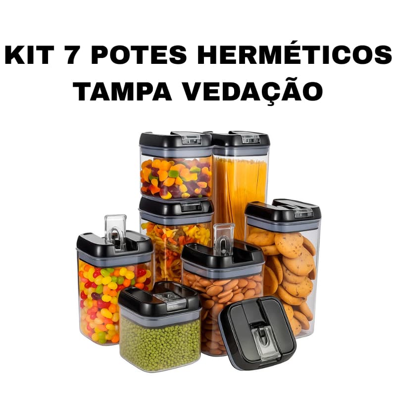 Kit 7 Potes Herméticos de Acrílico com Tampa Vedação Silicone Organizadores de Cozinha e Despensa