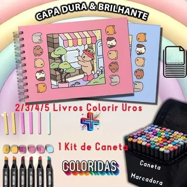 Kit Caneta Marcadora 100/120 Cores com 2/3/4/5 Livros Cadernos Colorir de Urso Capa Dura 50 Folhas
