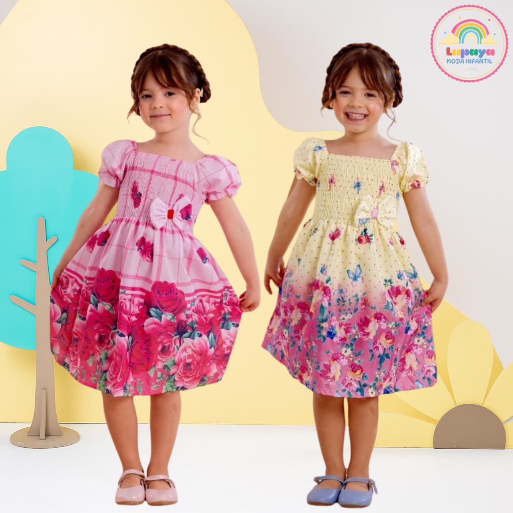 Kit 2 Vestidos Infantil de festa para meninas estampado com laço