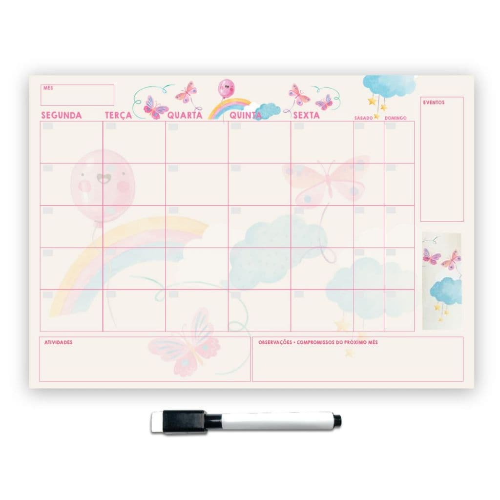 Planner Parede Infantil Rosa 3 c/ caneta preta que apaga
