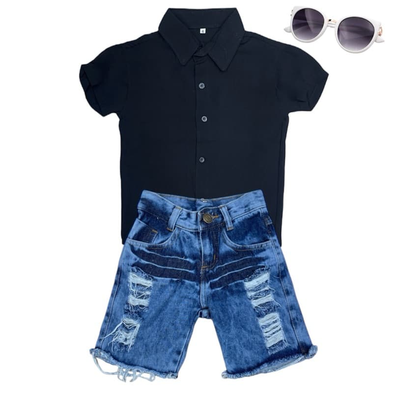 Conjunto Camisa Social Básica Com Short 02 Jeans Claro Rasgada Menino Infantil Juvenil