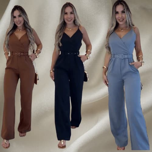Macacão Feminino Pantalona Alfaiataria Cinto e Bolso – Estilo Elegante