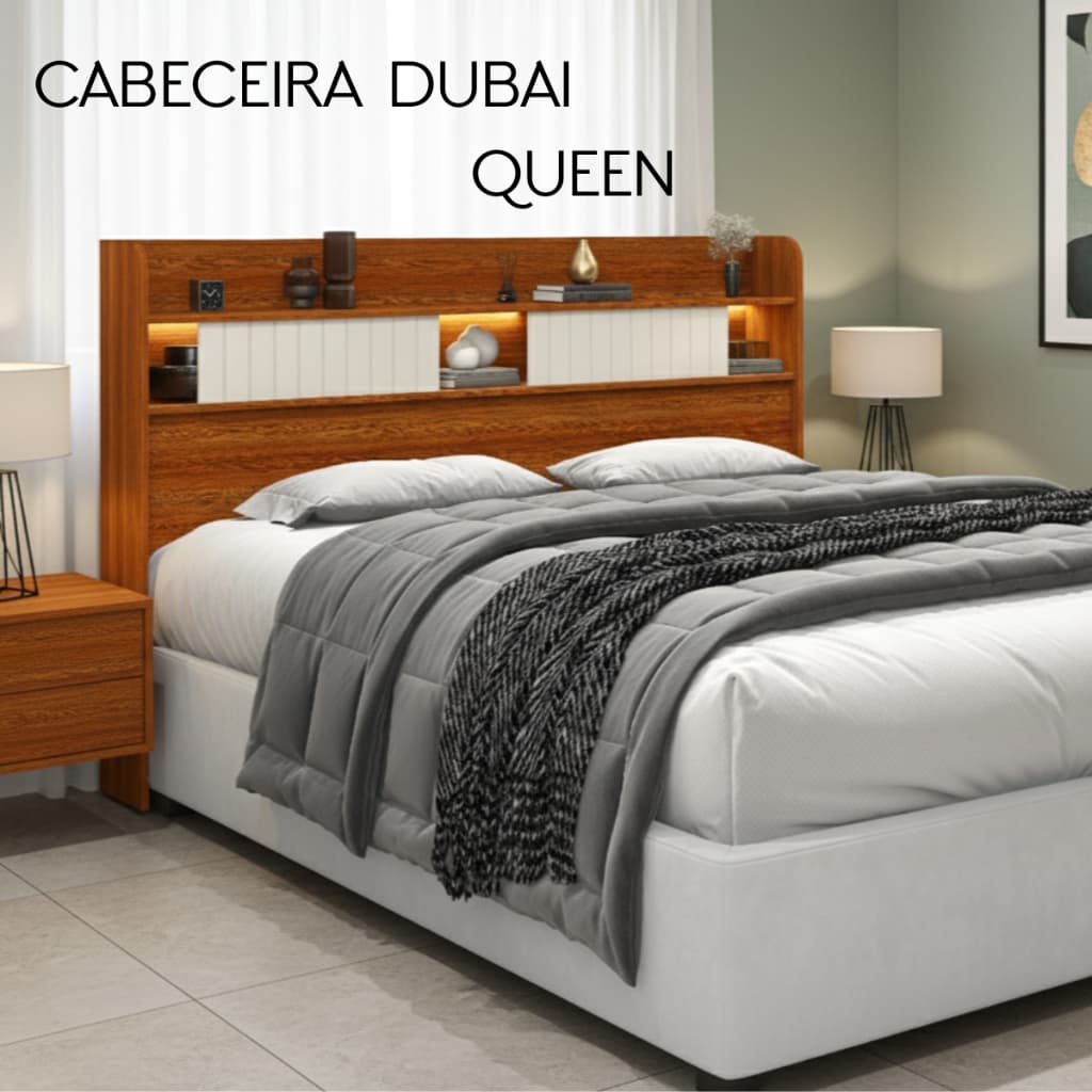 Cabeceira Cama Queen MDF Robusto Para Cama Box Modelo Dubai Porta Objetos Decorativa