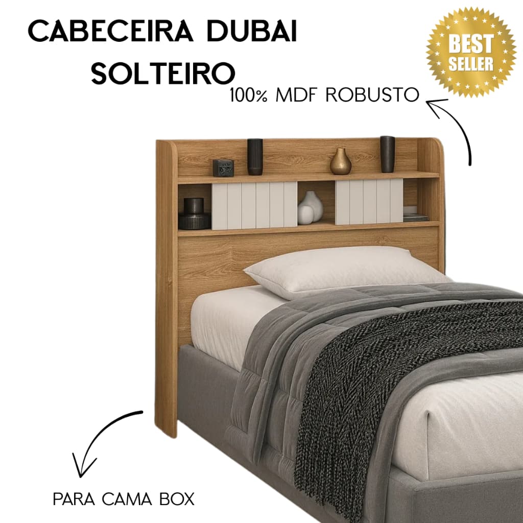 Cabeceira Dubai Portas De Correr MDF Robusto Cama De Solteiro Box 97cm Armazenamento