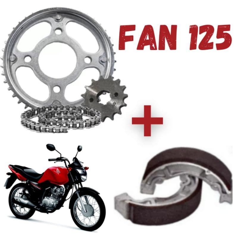 Kit Transmissão/Relação/Tração + Patins (Lona) De Freio FAN 125 2009 à 2017