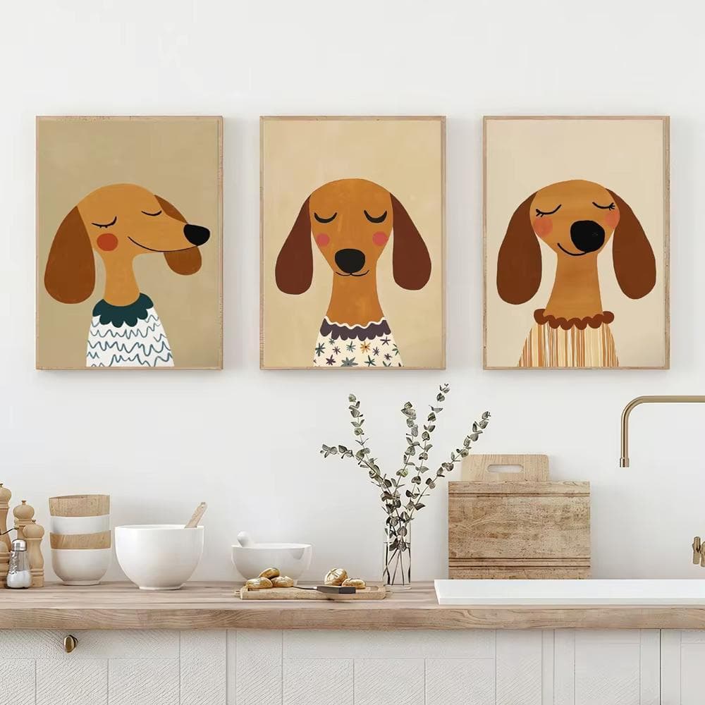 Quadro decorativo cachorros dachshund minimalistas em tons terrosos (3 peças)