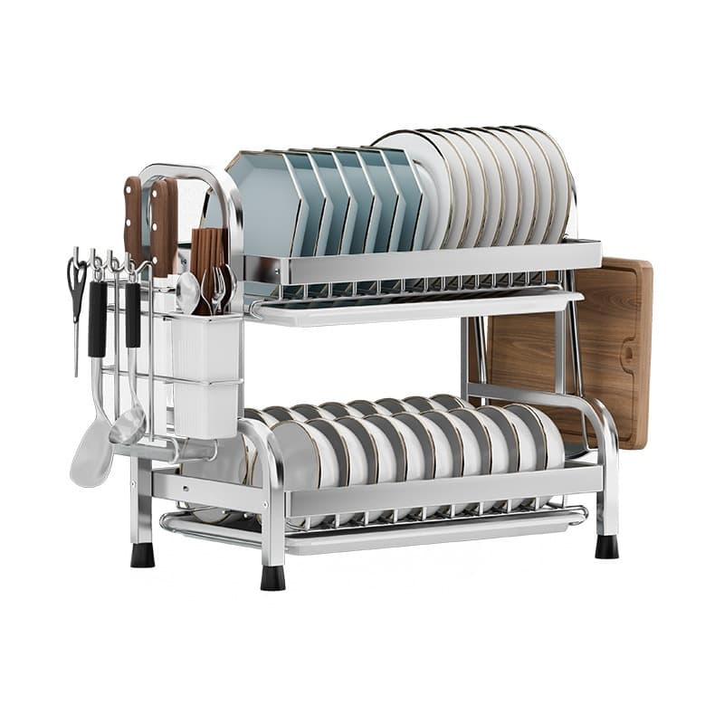 Escorredor de Louças Aço Inoxidável Rack Duplo Organizador de 42 Talheres e Pratos