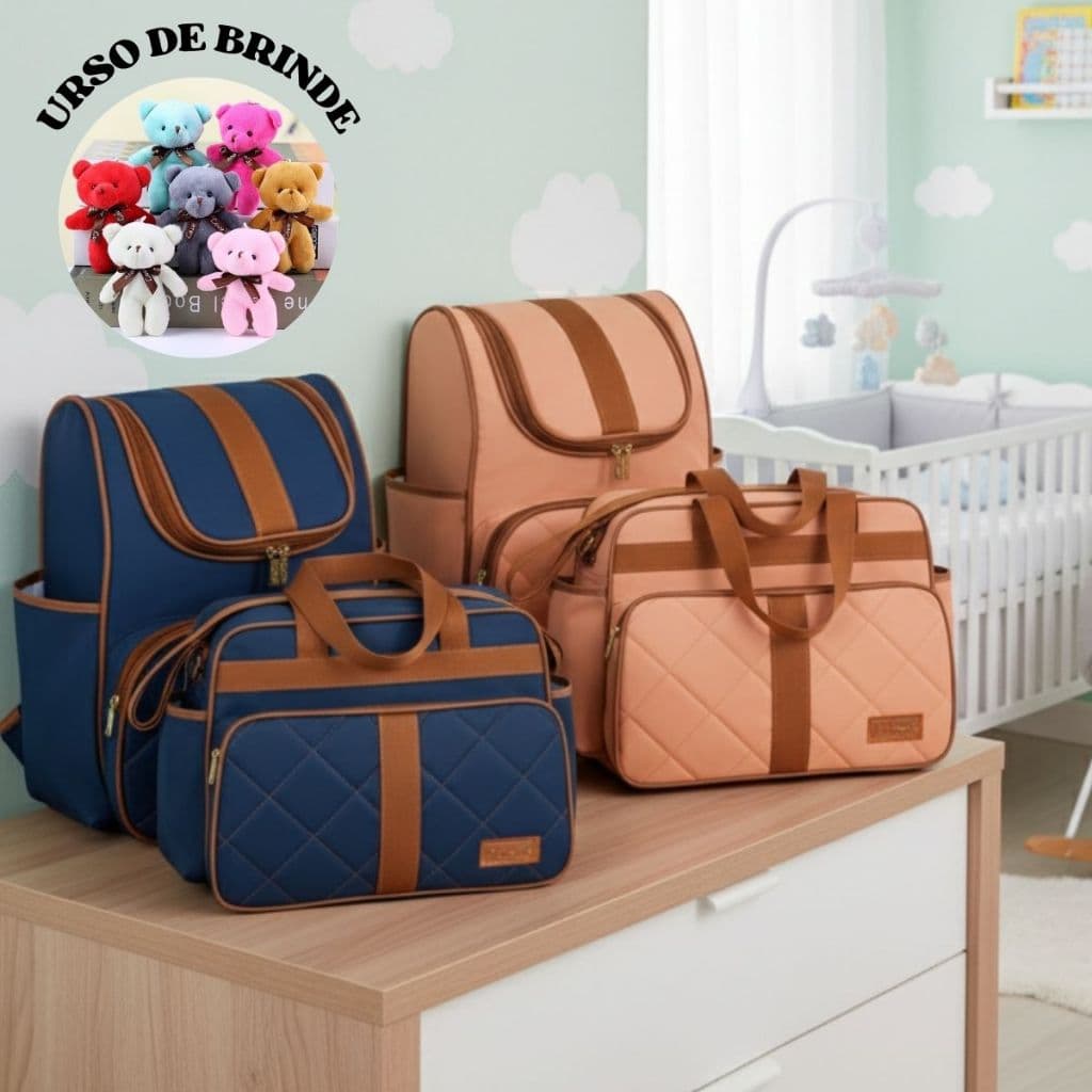 KIT 2 Peças Bolsa E Mochila Maternidade Bebê Menina Menino Grande Com urso que não molha Impermeável Reforçada