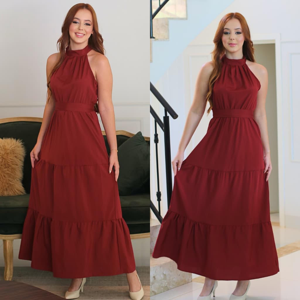 Vestido Longo Feminino Elegante Luxo 3 Maria Golinha Alta Faixa na Cintura Festa