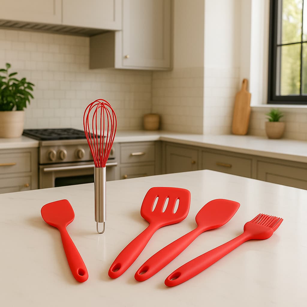 kit utensílios de cozinha de silicone 5 peças - sortido cores vermelho e preto