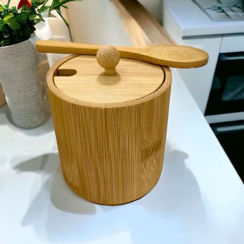 Saleiro de Madeira Açucareiro de Bambu com Tampa e Colher Pote Multiuso de Bambu Cozinha 200ml
