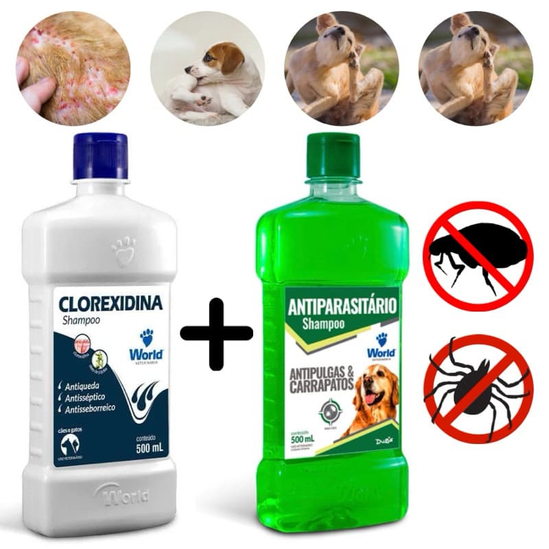Kit Shampoo Clorexidina 500ml + Antipulgas e Carrapatos 500ml World Cães e Gato Limpeza e Proteção