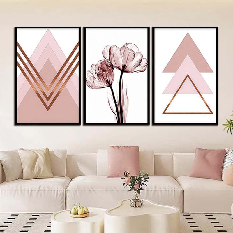 Kit 3 Quadros Decorativo Com Moldura Virtual | Flor Geométrica Rosa | Decoracao Parede Alta Resolução | Não Risca Parede