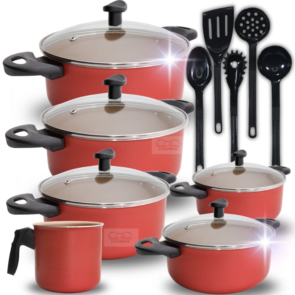 Kit Jogo de Caçarola Caneco Panelas 11 Peças Antiaderente Teflon com Tampa de Vidro