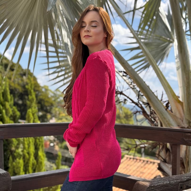 Cardigan Pink Casaco Feminino Moda Feminina Tricot Trança com Bolso Frio Inverno