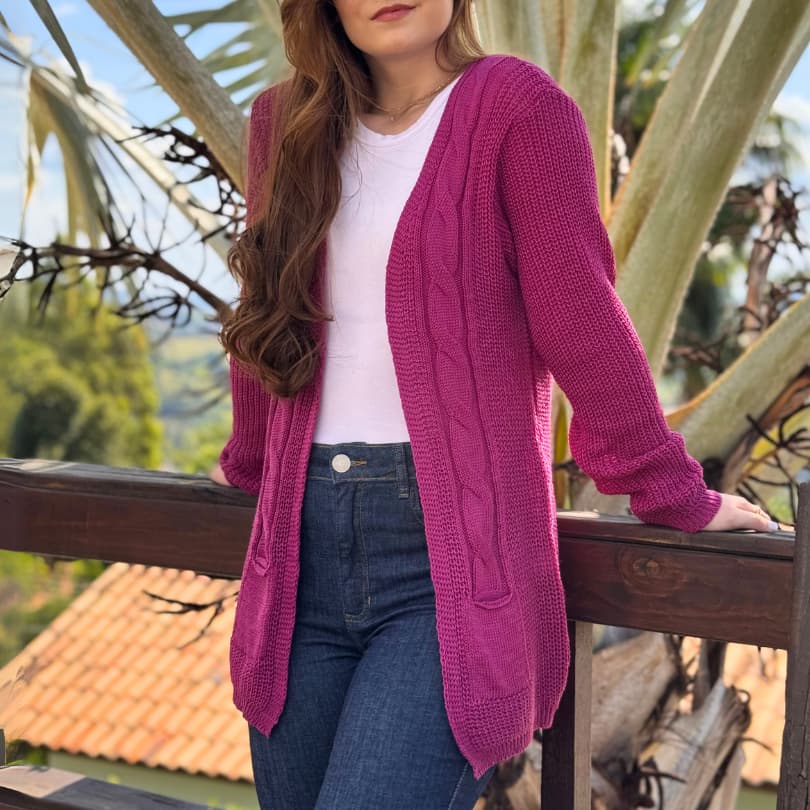 Cardigan Pink Dália Fúcsia Casaco Feminino Moda Feminina Tricot Trança com Bolso Frio Inverno