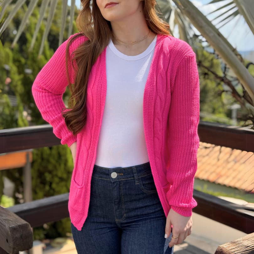 Cardigan Pink Neon Casaco Feminino Moda Feminina Tricot Trança com Bolso Frio Inverno