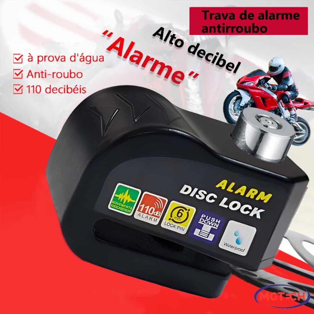Trava Cadeado de Disco com Alarme 110dB Antifurto para Moto e Bike, à Prova d'Água e Corte
