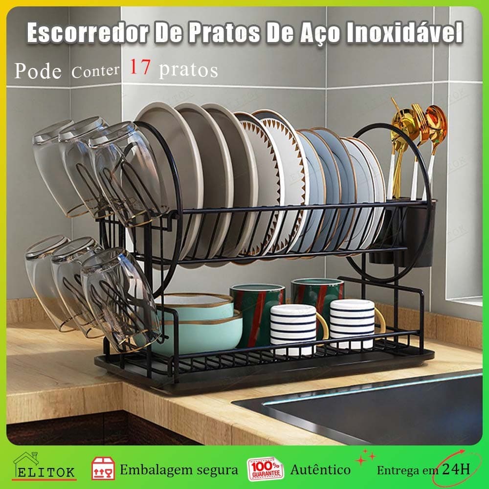 Escorredor de Louça Inox 2 Níveis Com Bandeja Escorredor de Pia Cozinha Organizador Compacto Durável