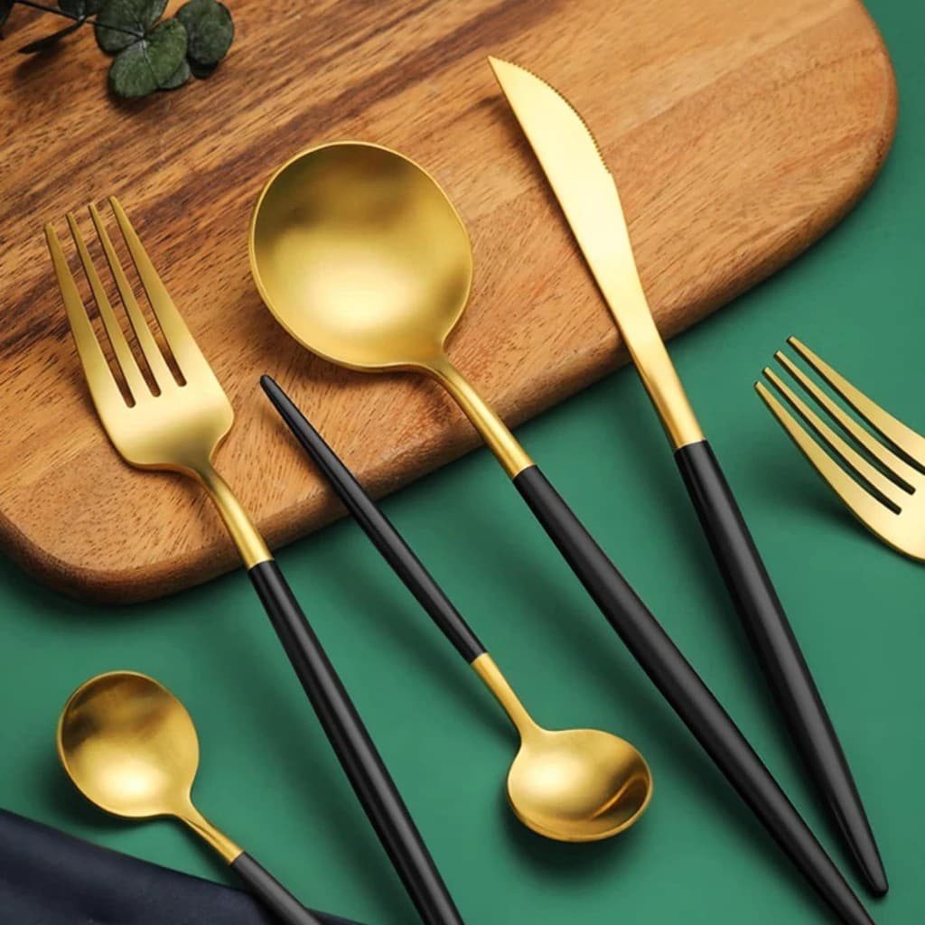 Kit 24 Pçs Talheres Cozinha Garfo Faca Colher Aço Inox Rosa Dourado Preto Dourado
