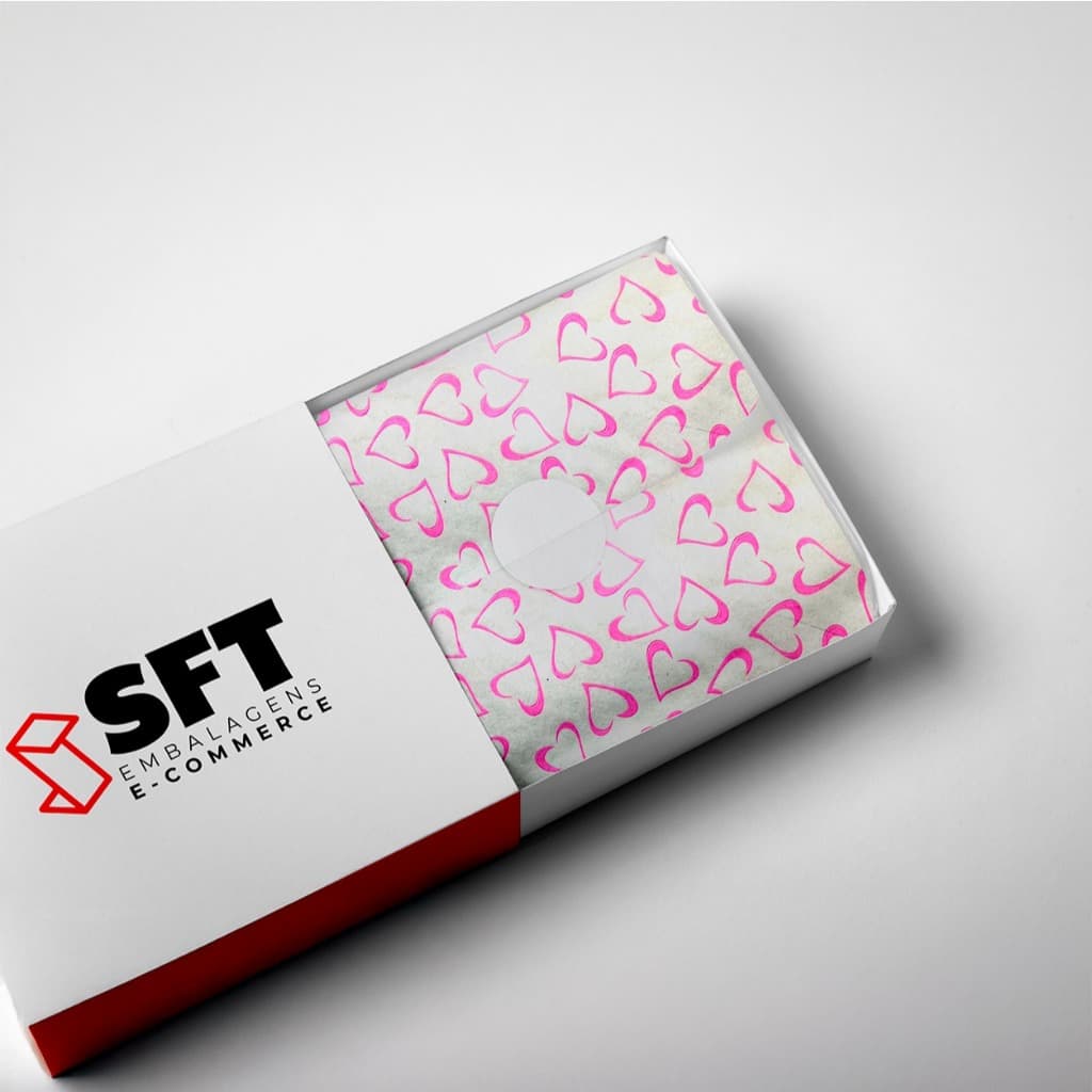 100 Folhas Papel De Seda Premium 25x50cm Estampado Coração em 2 Cores Disponíveis (BRANCO/ROSA E BRANCO/PRETO)