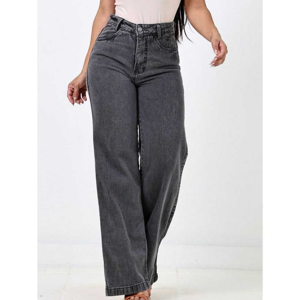Calça Wide Leg Feminina Grafite Marmorizada Estonada Cintura Alta Tendência Blogueira