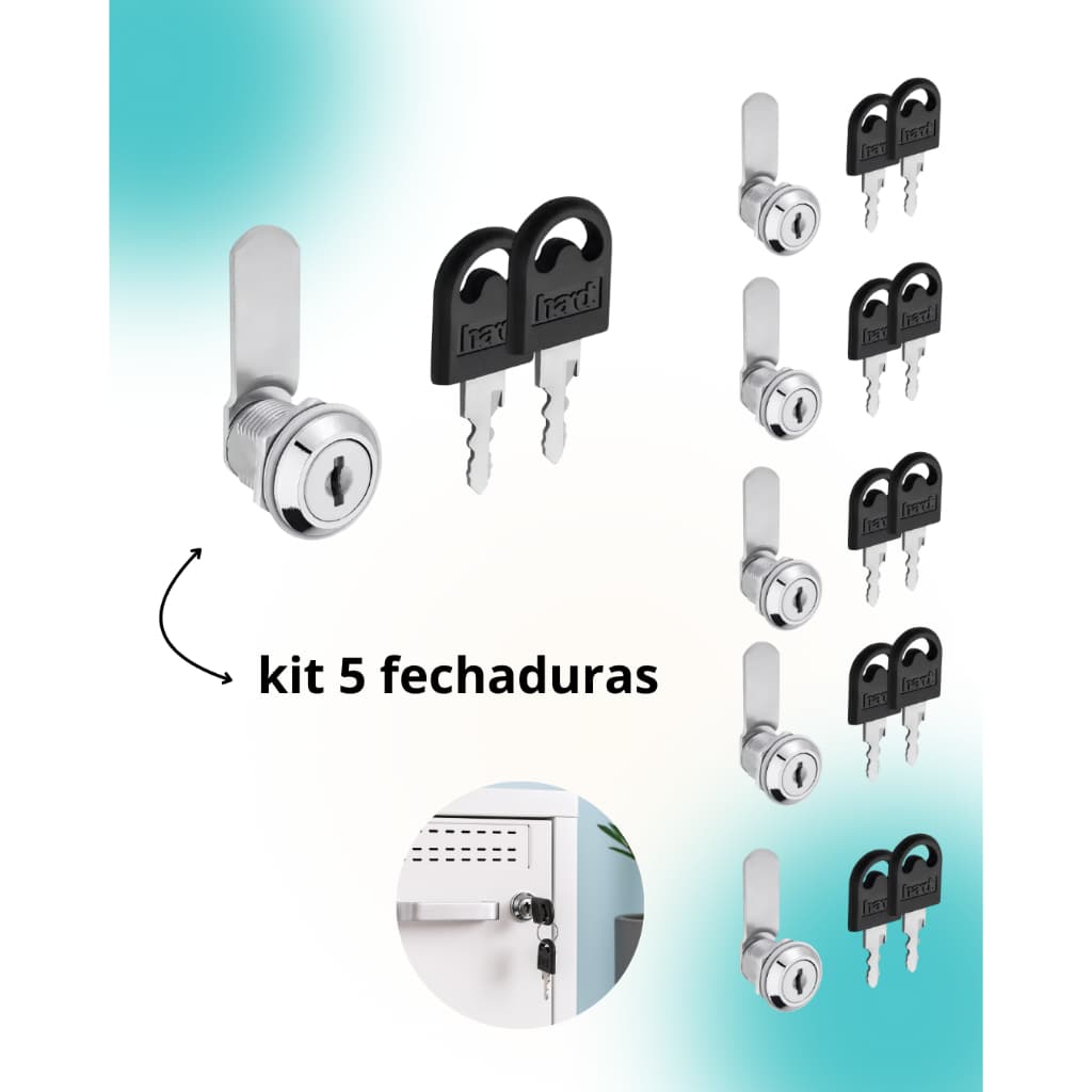 Fechadura para Gaveta, Porta e Armário de Aço 19x20mm – Kit com 5 Unidades e Chaves, Cromada