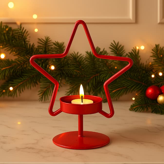 Porta Vela Estrela em Metal 11x9 cm – Vermelho/Branco com Dourado/Preto Suporte Vela Rechaud Decoração Natal