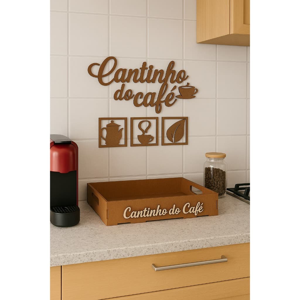 Kit Bandeja Grande Com Apliques Cantinho do Café em MDF Marrom Preto e Vermelho