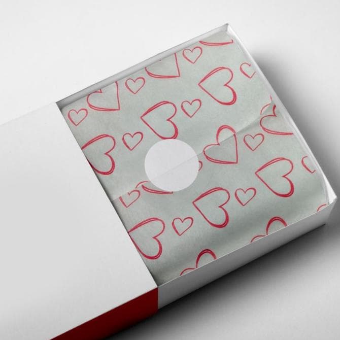 200 Folhas Papel De Seda Premium 30x70cm Estampado Coração em 2 Cores Disponíveis (BRANCO/VERMELHO E BRANCO/PRETO)