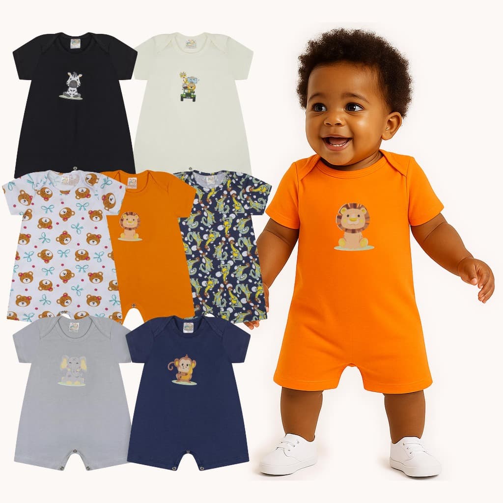 KIT 3 Peças Romper Infantil Macaquinho Curto Unissex Banho de Sol Verão 100% Algodão -P/M/G/GG/1 ANO