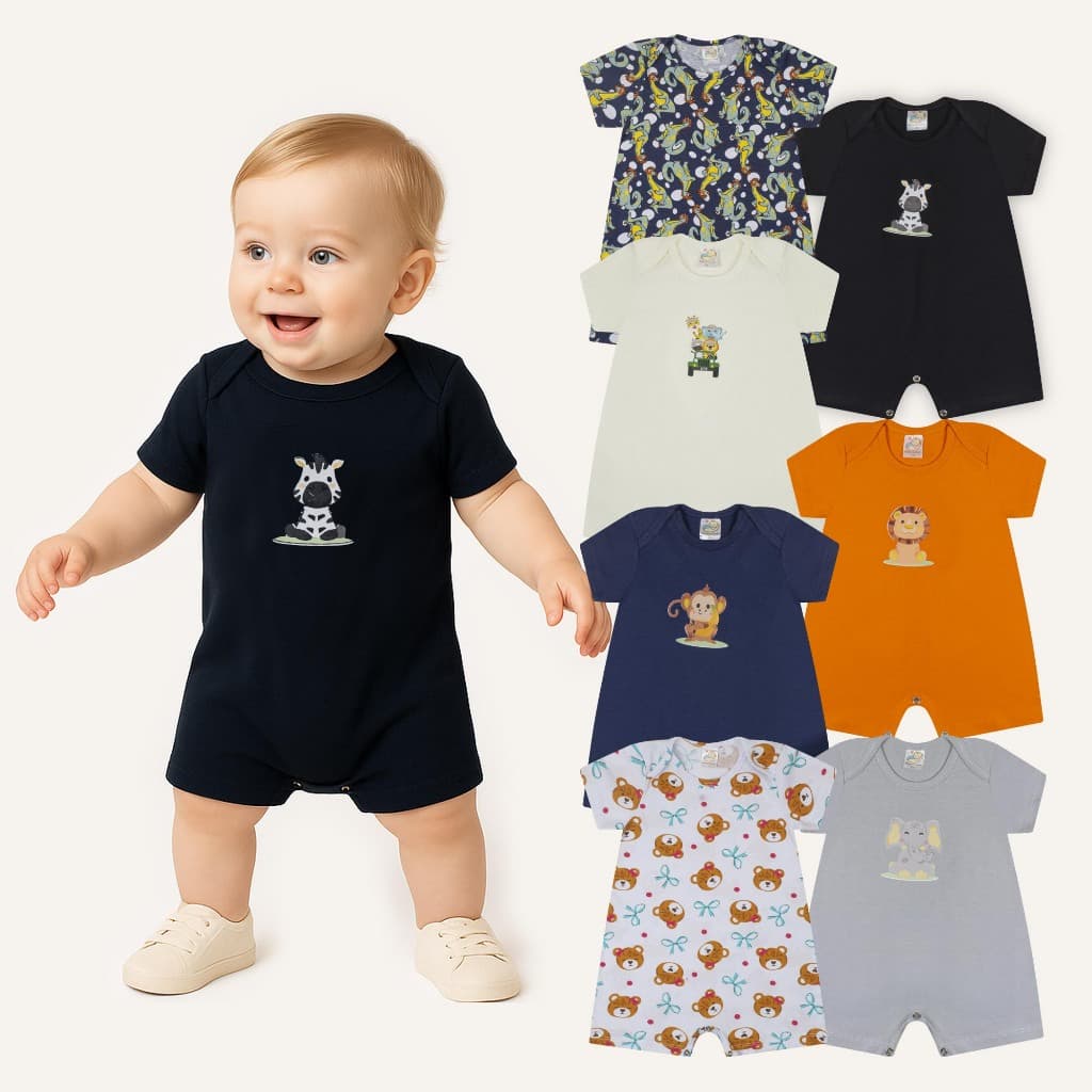 Romper Infantil Kit 5 Peças Macacão Curto Menino Banho de Sol Verão 100% Algodão - P/M/G/GG/1 ANO