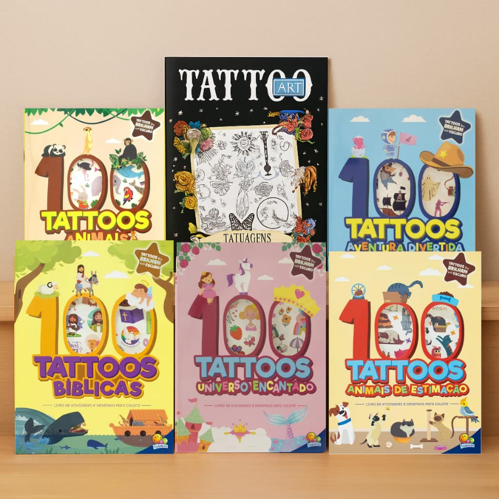 Livro de 100 Tatuagem Brilha no Escuro Infantil Juvenil Com Atividade e Desenho Tattoo Mania