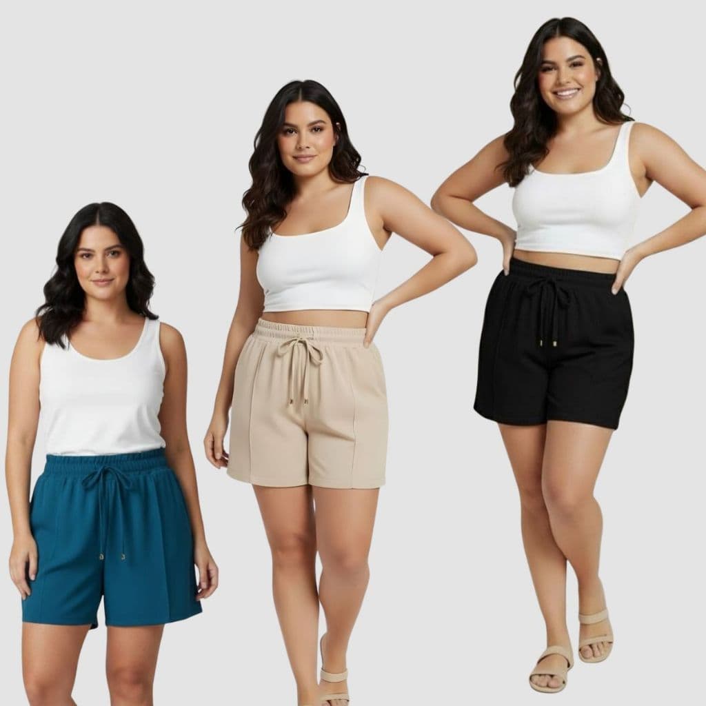 Kit 3 Short Alfaiataria Feminino Cintura Alta Casual Com Elástico Na Cintura
